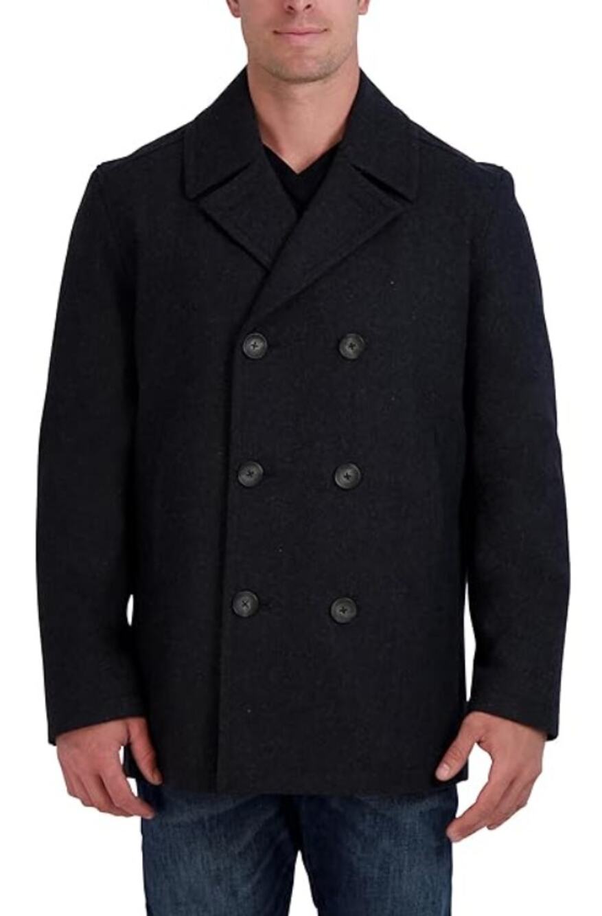 Levi's Black Double-Breasted Wool-Blend Peacoat Mens L Notch Lapel Classic Fit
